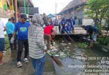 Gotong Royong Bersihkan Eceng Gondok, Lurah Dua Belas Ulu Turun Langsung